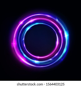 Circle Abstract Background, Glowing Neon Lights, Round Portal. Vector. Pink Blue And Purple Glow Rings. Circular Light Frame, Ultraviolet.