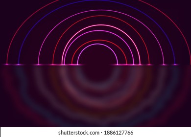 Antecedentes abstractos de círculo, luces de neón brillantes, portal redondo. Vector. Anillos de resplandor azul y violeta rosado. Marco de luz circular, ultravioleta.