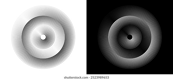 Fondo abstracto de círculo. Ilusión de transición dinámica. Forma negra sobre fondo blanco y líneas blancas en el lado negro.