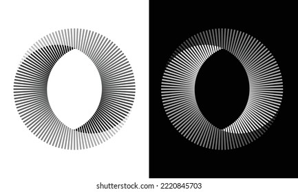 Circle abstract background. Yin and Yang symbol. Illusion of dynamic transition. Black lines on a white background and white lines on the black side, all lines with different transparency.