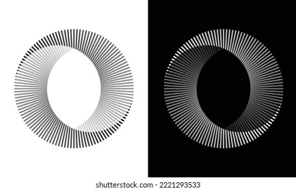 Recorrer el fondo abstracto del círculo. Símbolo de Yin y Yang. Ilusión de transición dinámica. Líneas negras sobre un fondo blanco y líneas blancas en el lado negro, todas líneas con una transparencia diferente.