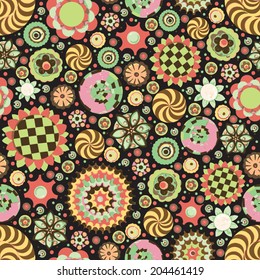 Circle abstract beautiful flower seamless pattern. Handmade with watercolor and canvas. Grunge texture. Vector. 