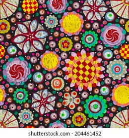 Circle abstract beautiful flower seamless pattern. Handmade with watercolor and canvas. Grunge texture. Vector. 