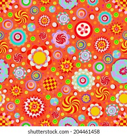 Circle abstract beautiful flower seamless pattern. Handmade with watercolor and canvas. Grunge texture. Vector. 