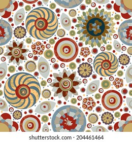 Circle abstract beautiful flower seamless pattern. Handmade with watercolor and canvas. Grunge texture. Vector. 