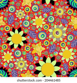 Circle abstract beautiful flower seamless pattern. Handmade with watercolor and canvas. Grunge texture. Vector. 