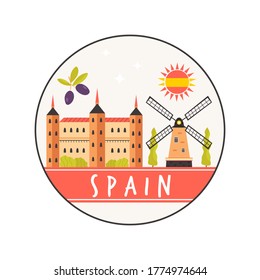 Circle abstract design with Alcazar, windmill. Explore Spain concept image. Vector illustration