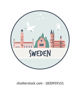 Circle abstract design with landmarks of Sweden. Explore Sweden concept image. Vector illustration