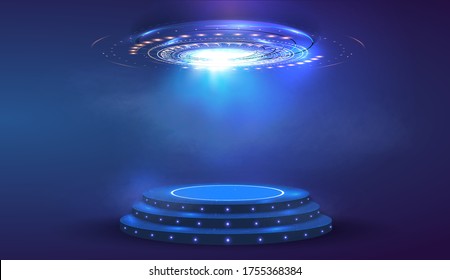 Circle abstract digital technology UI futuristic HUD Virtual Interface. Stage futuristic  podium in fog. Empty futuristic pedestal for award ceremony, platform illuminated by spotlights, stage. Vector