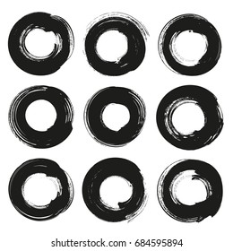 Circle Abstract Frames Of Thick Black Textured Paint Smears Isolated On White Background