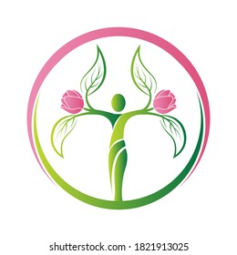 plantilla de logotipo de personas abstractas de círculo con flores y hojas