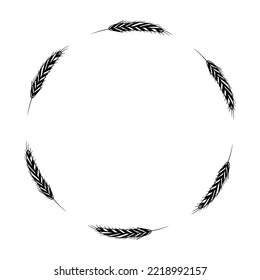 Circle with abstract stalks of wheat. Round frame, birds feather. Minimalist design. Wreath, twigs, cereal plants. Sketch, doodle style. Outline drawing in black. Vector illustration. Harvest logo