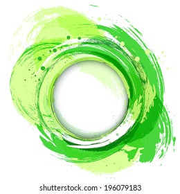 Circle abstract vector background. Artistic brush strokes and paint splashes with round place for text. Green.