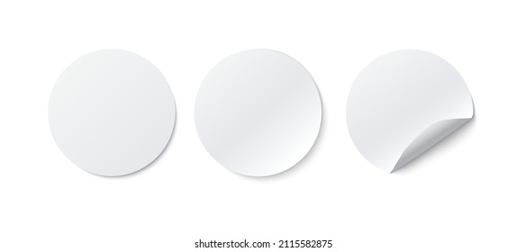 Circle adhesive stickers. Realistic vector white paper round stickers with peeling corner and shadow isolated on white background - Shutterstock ID 2115582875