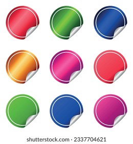 Circle adhesive symbol. Tags, round paper stickers with peeled corners and shadows,