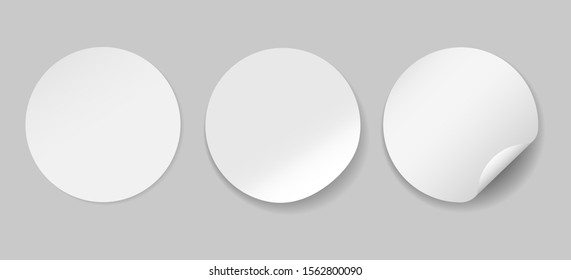 Circle adhesive symbols. White tags, paper round stickers with peeling corner, isolated rounded plastic mockup signs, vector illustration