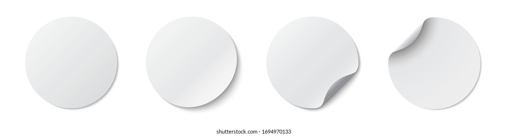 Circle adhesive symbols. White tags, paper round stickers with peeling corner and shadow, isolated rounded plastic mockup,  realistic set round paper adhesive sticker mockup with curved corner - Shutterstock ID 1694970133