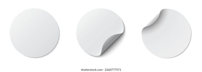 Circle adhesive symbols. White tags, paper round stickers with peeling corner and shadow, isolated rounded plastic mockup, realistic set round paper adhesive sticker mockup with curved corner