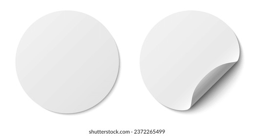 Circle adhesive symbols. White tags, paper round stickers with peeling corner and shadow, isolated rounded plastic mockup, realistic two round paper adhesive sticker mockup with curved corner