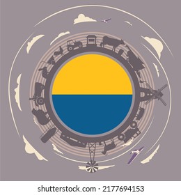 Circle with agricultural icons. Objects located around the circle. Field for text in the center. Background for eco products with flag of Ukraine.