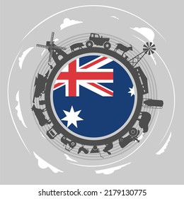 Circle with agricultural icons. Objects located around the circle. Field for text in the center. Background for eco products with flag of Australia.