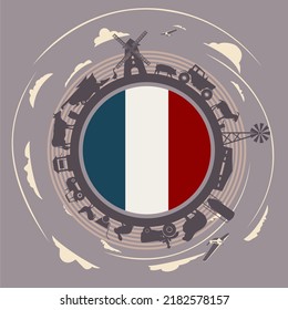 Circle with agricultural icons. Objects located around the circle. Background for eco products with flag of France.