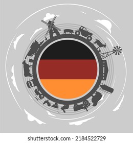 Circle with agricultural icons. Objects located around the circle. Background for eco products with flag of Germany.