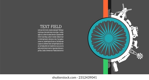 Círculo con íconos agrícolas. Objetos situados alrededor del círculo. Antecedentes para productos ecológicos con bandera de la India.