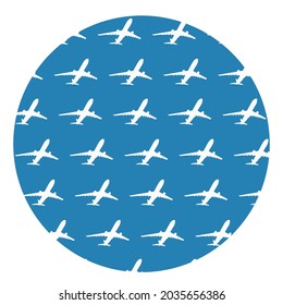 Ilustración de la silueta vectorial de fondo sin vergüenza en el plano aéreo circular aislada en el fondo. El avión de reacción sale del símbolo del aeropuerto. Los aviones van al destino. Sombra del avión. Invitar a volar con compañía de seguridad