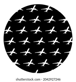 Ilustración de la silueta vectorial de fondo sin vergüenza en el plano aéreo circular aislada en el fondo. El avión de reacción sale del símbolo del aeropuerto. Los aviones van al destino. Sombra del avión. Invitar a volar con compañía de seguridad