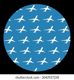 Ilustración de la silueta vectorial de fondo sin vergüenza en el plano aéreo circular aislada en el fondo. El avión de reacción sale del símbolo del aeropuerto. Los aviones van al destino. Sombra del avión. Invitar a volar con compañía de seguridad