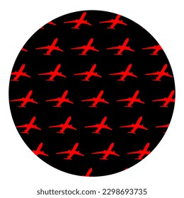 Ilustración de la silueta vectorial de fondo sin vergüenza en el plano aéreo circular aislada en el fondo. El avión de reacción sale del símbolo del aeropuerto. Los aviones van al destino. Sombra del avión. Invitar a volar con compañía de seguridad