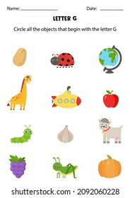 Circle all the objects that begin with the letter G. Worksheet for kids.