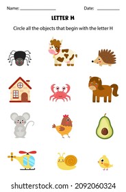 Circle all the objects that begin with the letter H. Worksheet for kids.