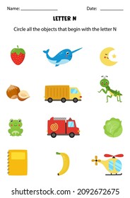 Circle all the objects that begin with the letter N. Worksheet for kids.