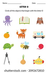 Circle all the objects that begin with the letter O. Worksheet for kids.