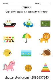 Circle all the objects that begin with the letter U. Worksheet for kids.