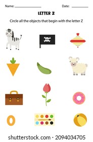 Circle all the objects that begin with the letter Z. Worksheet for kids.