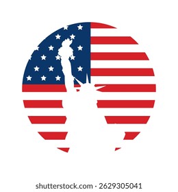 The circle of the American flag and the silhouette of the Statue of Liberty