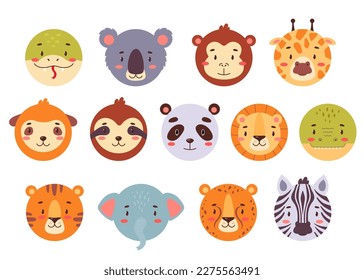 Circle animal faces set for UI or mobile application. Cute kawaii avatars collection for kids game, simple head icons in bright color, flat vector illustration isolated on white background