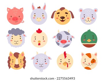 Círculo de caras de animales configuradas para la interfaz de usuario o aplicación móvil. Cute kawaii avatars colección para niños juego, simples iconos de cabeza en color brillante, ilustración vectorial plana aislada en fondo blanco