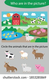 Circle the animals, game for children farm with animals cartoon style, education game for kids, preschool worksheet activity, task for the development of logical thinking, vector illustration