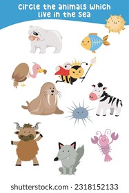 Círculo de los animales que viven en el mar. Círculo de los animales del mar en la página. Hoja de trabajo divertida para niños de preescolar y preescolar. Kit de actividades impresas para niños. Archivo vector.