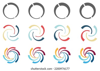 Circle arc cuts arranged in larger round, forming swirl or fan blades like symbol,  version with four and six elements