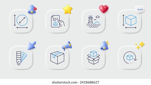 Circle area, Packing boxes and Lighthouse line icons. Buttons with 3d bell, chat speech, cursor. Pack of Box size, Palette, Return package icon. Parcel, Technical documentation pictogram. Vector