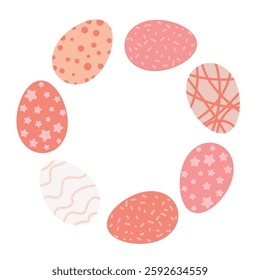 Circle Arrangement Frame of Easter-Themed Artistic Eggs with Abstract Patterns.Artistic illustration of seven Easter-themed colorful eggs arranged in a circle, showcasing various abstract patterns  