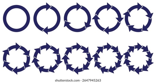 Circle arrow charts. Circle diagram infographic set, spinning arrow, repeat circle combinations and reload icon vector set. Business strategy workflow process infographic elements, circular statist