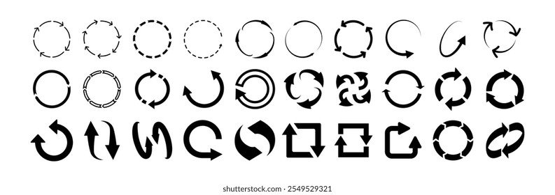 Seta circular. Setas circulares, atualizar e recarregar ícones giratórios, símbolos de rotação. Girar seta e refazer sinal de carregamento do processo. Conjunto de vetores.