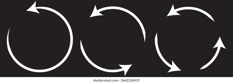 Circle arrow icon. Refresh and reload arrow icon. Rotation vector arrows set. Different circular arrows of black background. Vector illustration. 