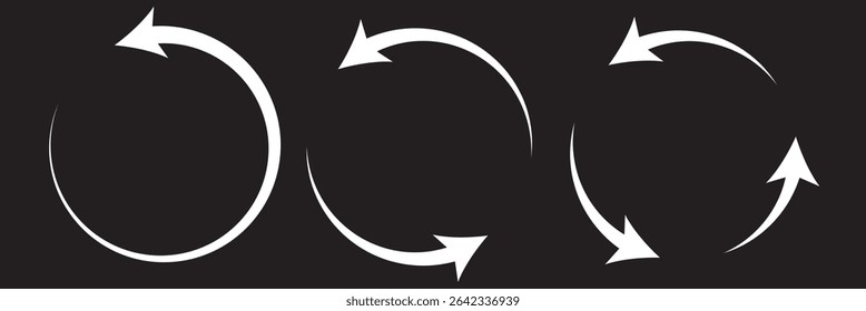 Circle arrow icon. Refresh and reload arrow icon. Rotation vector arrows set. Different circular arrows of black background. Vector illustration. 